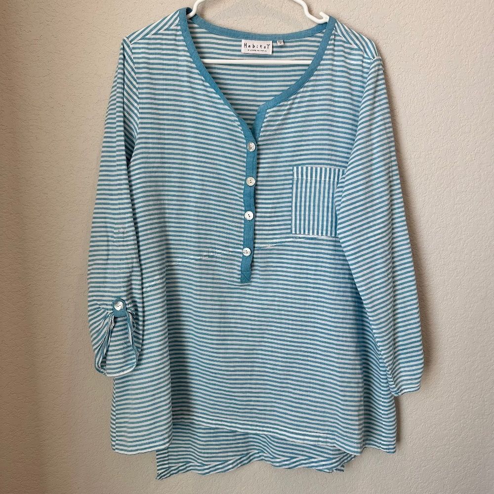 Habitat Blue & White Striped Lagenlook Cotton Blend Oversized Blouse - Size M